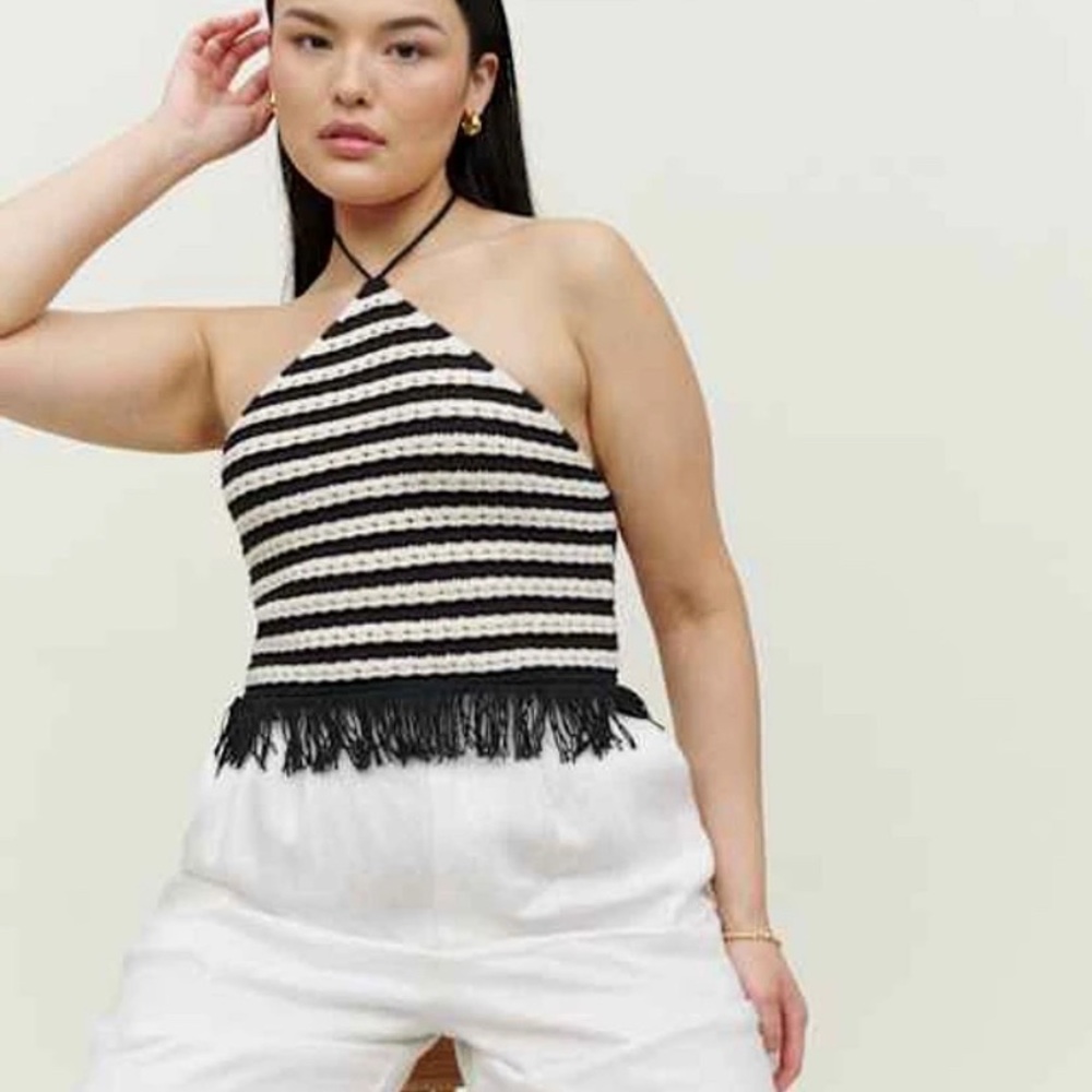 Reformation Black and Cream Knit Halter Top
